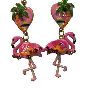 Lunch At The Ritz Pink Flamingo Heart‎ Palm Tree Dangle Earrings Tropical Beach